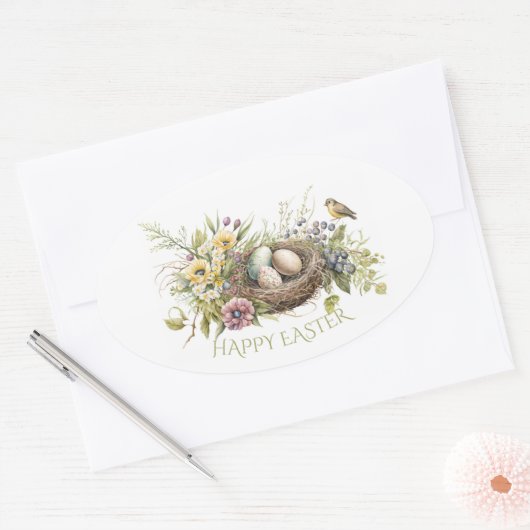Paaseieren in een bloemnest ovale sticker (Envelop)