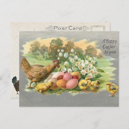  paaseieren, kippen en kippen briefkaart (Voorkant / Achterkant)