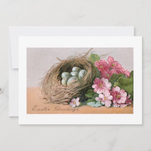 paaseieren, nesten en roze polyanthus feestdagenkaart (Voorkant)