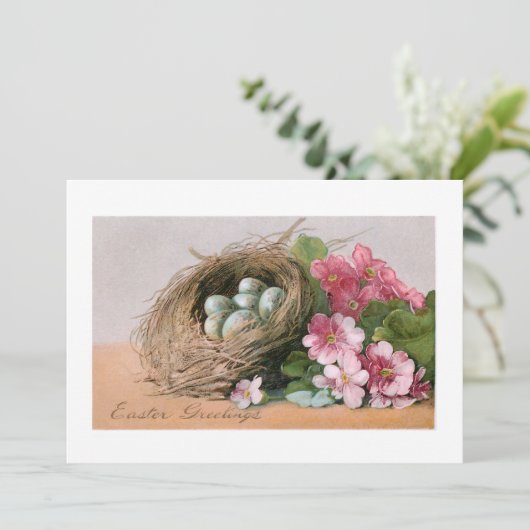  paaseieren, nesten en roze polyanthus feestdagenkaart (Staand voorkant)