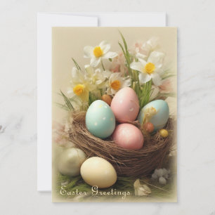  paaseieren, nesten en witte narcissen feestdagenkaart