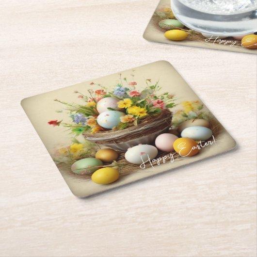 paaseieren, nesten en witte narcissen kartonnen onderzetters (Schuin)