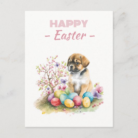 Paaseieren Waterverf Puppy Kersenbloesems Briefkaart (Voorkant)