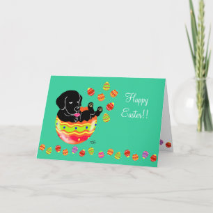 Paaseieren zwarte labrador Puppy Cartoon Green Feestdagen Kaart