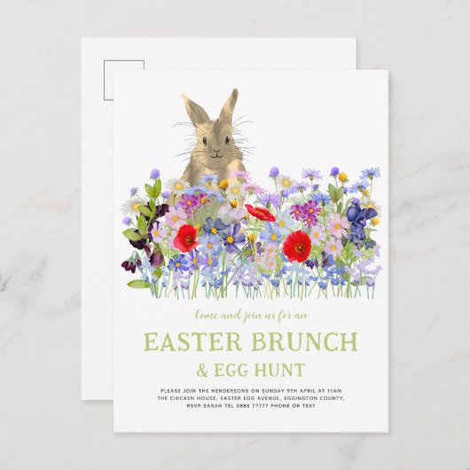 Paaseierenjacht en Breek Mooie Konijn Bloemen Uitnodiging Briefkaart (Voorkant / Achterkant)