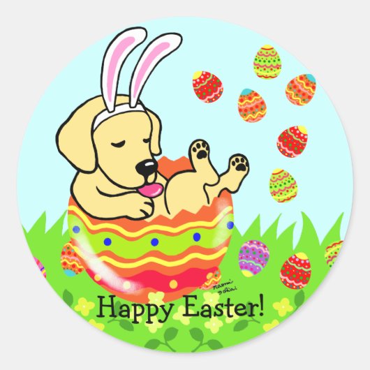 Paaseiergele labrador Puppy Cartoon Ronde Sticker (Voorkant)