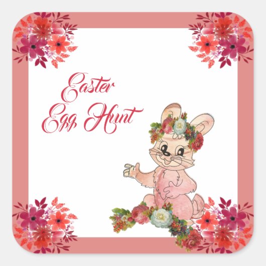Paaseierhunt Bunny Floral Crown Roos Waterverf Vierkante Sticker (Voorkant)