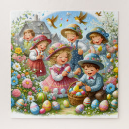 Paaseierjacht: Kinderen, bloesems en kleurrijke ei Legpuzzel