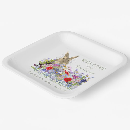 Paaseierjacht konijntje bloemen papieren bordje (Gebogen)