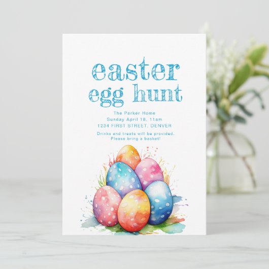 Paaseierjacht uitnodigen met mand kaart (Staand voorkant)