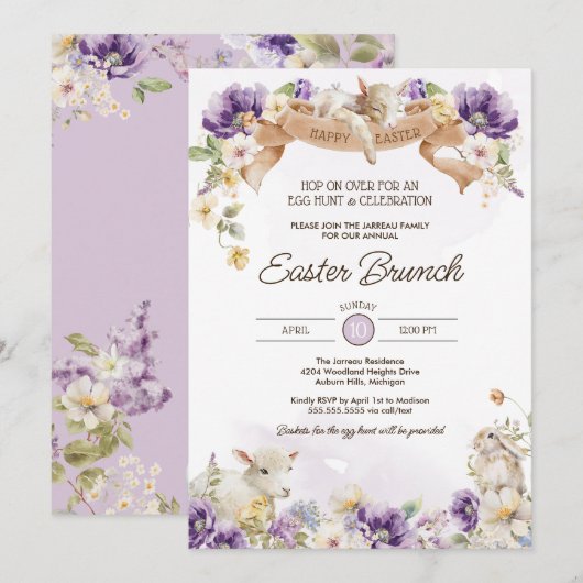 Paaseihunt & Brunch pastel Floral Holiday Inv Kaart (Voorkant / Achterkant)