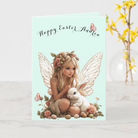 Paasfee Pinke Rozen Witte Konijn Vlinders  Kaart (Gele Bloem)