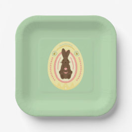 Paasfeest bord met bruin konijn en geel ei