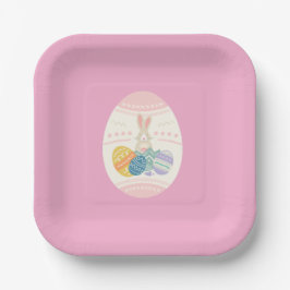 Paasfeest bord roze ei op roos achtergrond