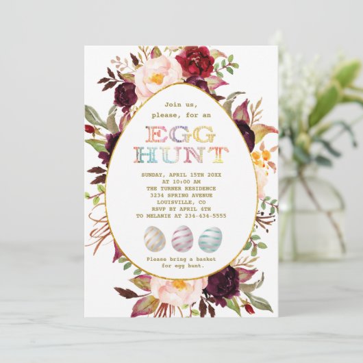 Paasfeest met roodroze bloemen en gouden eieren kaart (Staand voorkant)