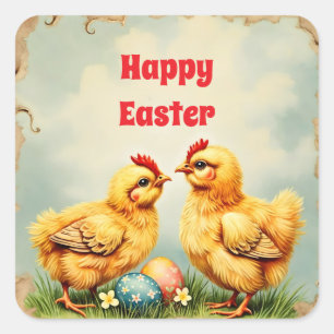 Paasfeest Vintage 2 Little Chicken Holiday Collect Vierkante Sticker