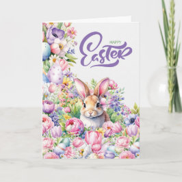 Paasfeest vrolijke konijn in lentebloemen feestdagen kaart