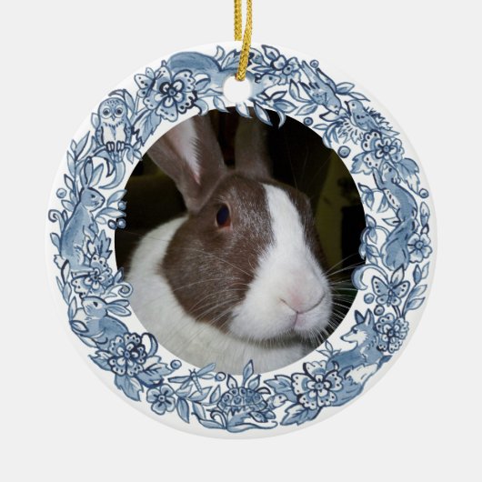 Paasfoto Blauw, White Rabbit Dog Cat Custom Keramisch Ornament (Voorkant)