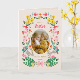 Paasfoto kaart met bloemkonijn voor het gezin