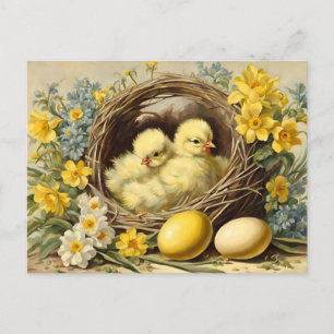 Paasgele Baby Chicks in een mandje en bloemen Feestdagenkaart