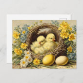 Paasgele Baby Chicks in een mandje en bloemen Feestdagenkaart (Voorkant / Achterkant)