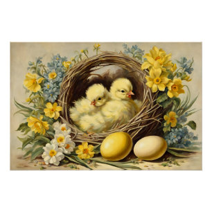 Paasgele Baby Chicks in een mandje en bloemen Perfect Poster