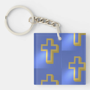 Paasgoud Christelijk Religieus Kruis Blauw Patroon Sleutelhanger