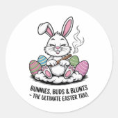 Paasgrap Humorous Bunnies Buds Blunts Trio Ronde Sticker (Voorkant)