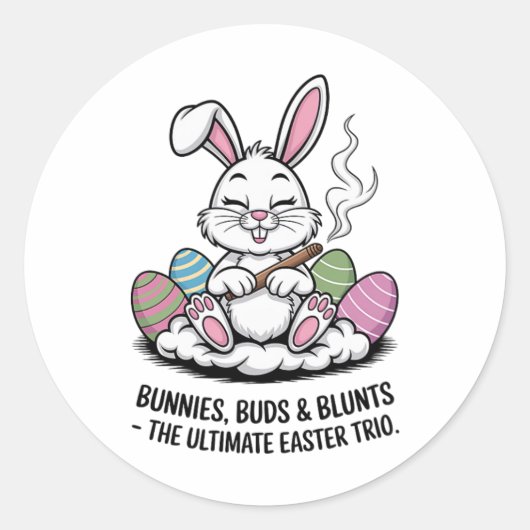 Paasgrap Humorous Bunnies Buds Blunts Trio Ronde Sticker (Voorkant)