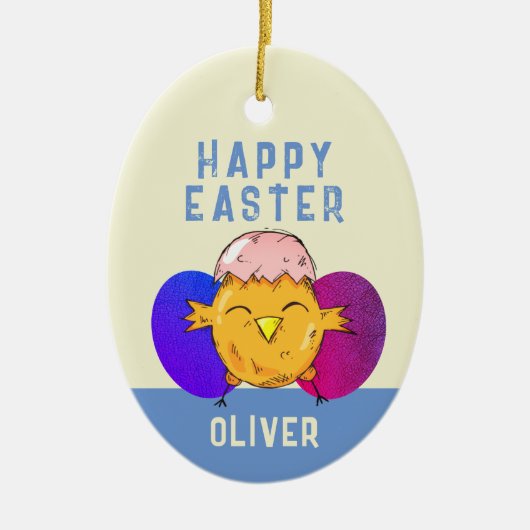 Paasgriep en eitjes, gelukkig paasen keramisch ornament (Voorkant)