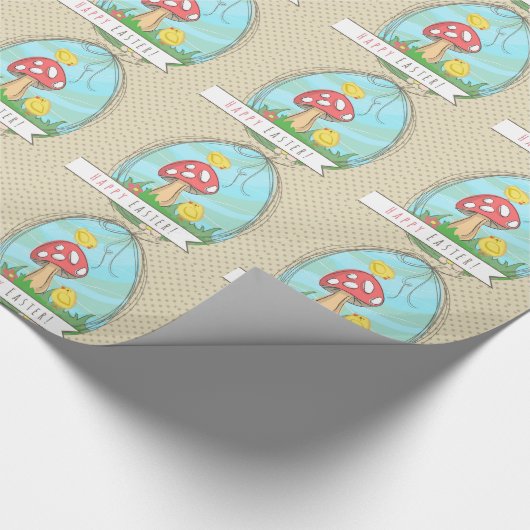Paasgriep met paddenstoel Happy Pasen Cadeaupapier (Hoek)