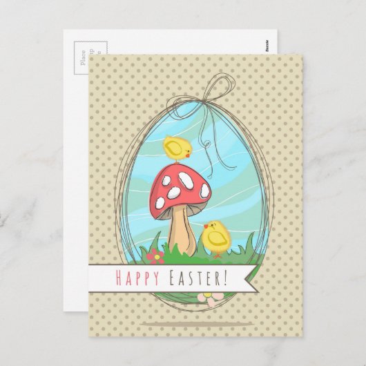 Paasgriep met paddenstoel Happy Pasen Feestdagenkaart (Voorkant / Achterkant)