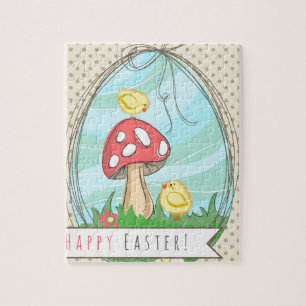Paasgriep met paddenstoel Happy Pasen Legpuzzel