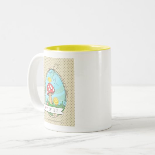 Paasgriep met paddenstoel Happy Pasen Tweekleurige Koffiemok (Voorkant links)