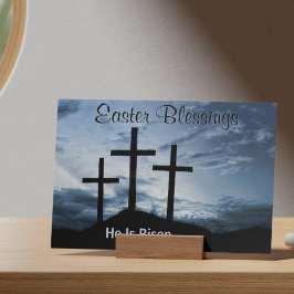Paasgroeten Hij Is Opgestaan Kruisen Blauwe Zonson Feestdagenkaart