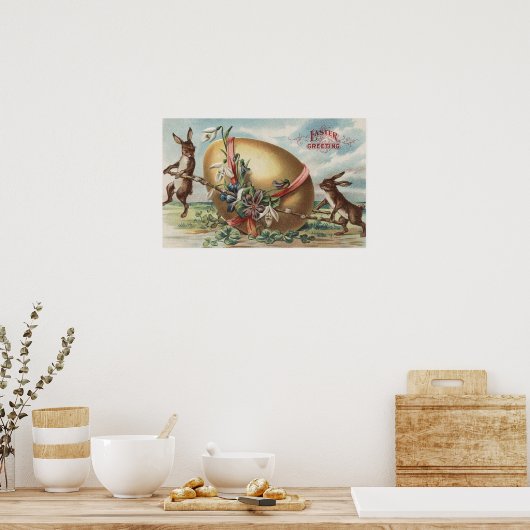 PaasgroetingsKonijnen door een gedecorbeerde eiere Poster (Keuken)