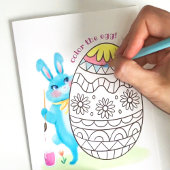 Paashaas Blauw Konijn en Ei Kleurplaat Kaart