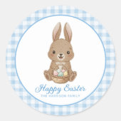 Paashaas Blauw Waterverf Gingham Ronde Sticker (Voorkant)