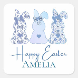 Paashaas Blauw Wit Bloemboog gepersonaliseerd Vierkante Sticker