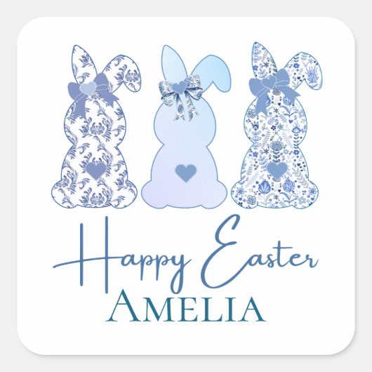 Paashaas Blauw Wit Bloemboog gepersonaliseerd Vierkante Sticker (Voorkant)