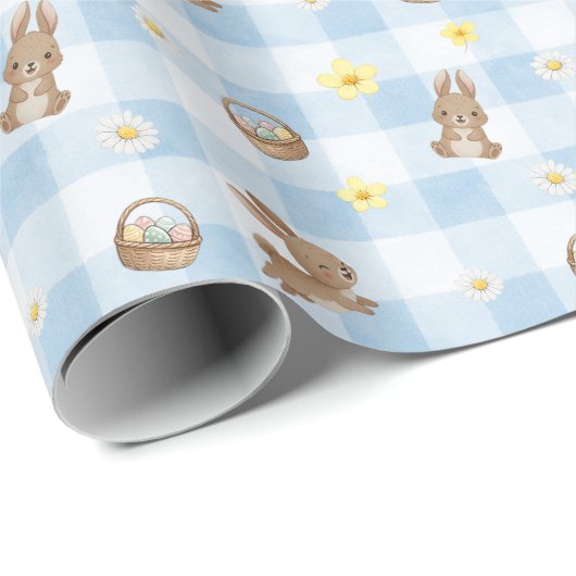 Paashaas Blauwe Gingham Inpakpapier (Rol Hoek)