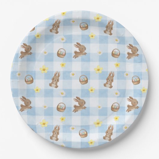 Paashaas Blauwe Gingham Papieren Bordje (Voorkant)