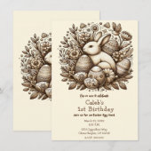 Paashaas Bloemen & Eieren 1e Verjaardag Kaart (Voorkant / Achterkant)