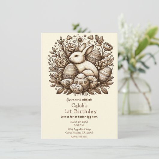  Paashaas Bloemen & Eieren 1e Verjaardag Kaart (Staand voorkant)