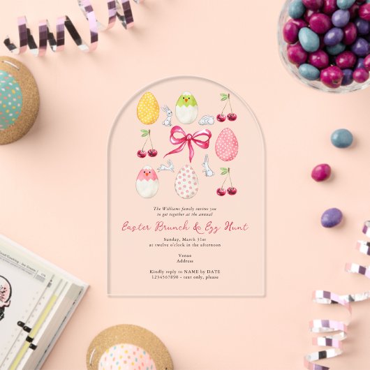 Paashaas Brunch Egg Hunt Cherry Coquette Bow Acryl Uitnodigingen (Insitu (Viering))