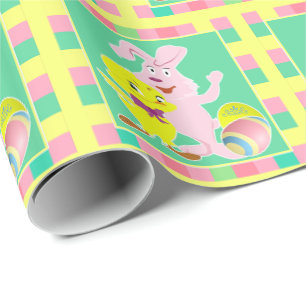 Paashaas Chick en Eieren Op Plaid Cadeaupapier
