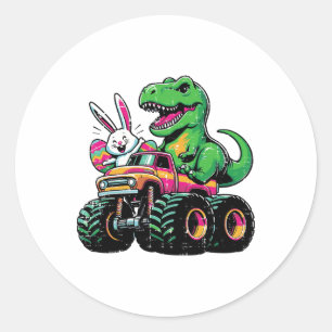 Paashaas Dino Op Vrachtwagen Trex Jongens Kinderen Ronde Sticker