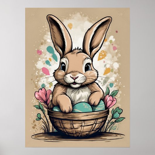 Paashaas Egg Basket Floral Spring Poster (Voorkant)