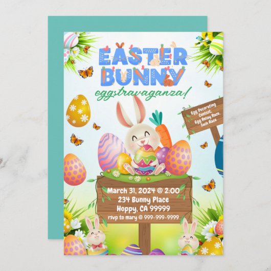 Paashaas Eggstravaganza uitnodiging (Voorkant / Achterkant)