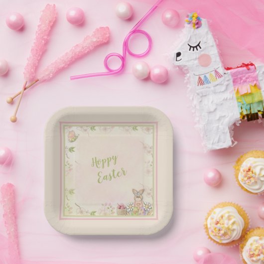 Paashaas, Eieren en Bloemen  Prettig Pasen   Papieren Bordje (Feest)